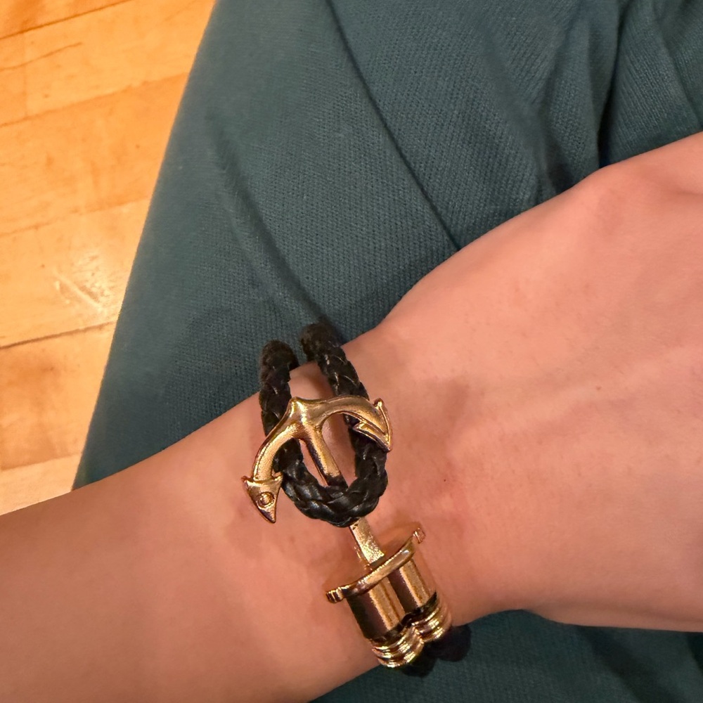 Banana Republic Black Braided Leather Bracelet with Gold Anchor